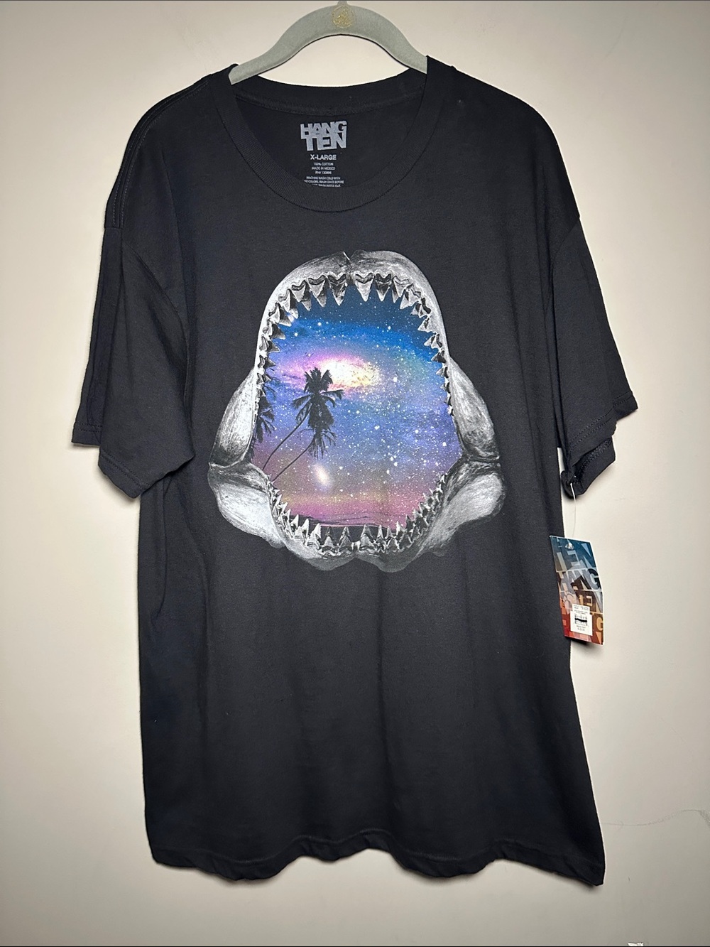 Hang Ten New Black Tee with Galaxy Shark and Palm Graphic